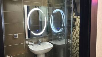 Shower, hair dryer, bidet, towels