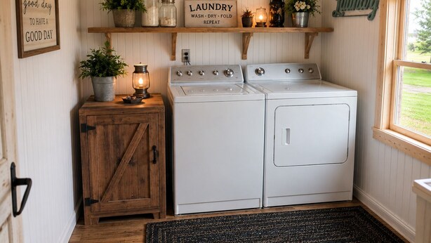 Een wasruimte met een fornuis, twee wasmachines, een houten kast en een bord waarop staat 'LAUNDRY WASH DRY FOLD REPEAT'.