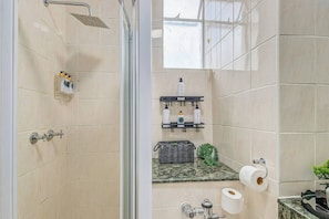 A bathroom with a shower, toilet paper, a soap dispenser, and a small plant.