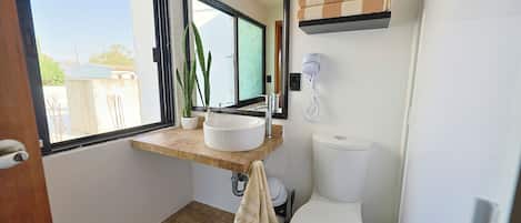 Regadera, secadora de cabello, toallas, papel de baño