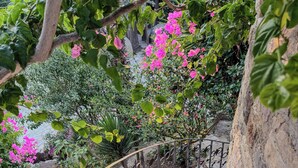 A stone staircase with ornate metal railings, surrounded by lush greenery and vibrant pink flowers. - Nurmahal Art & Heritage (Bodrum)