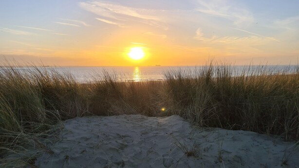 Una spiaggia con dune di sabbia e un tramonto sull'oceano.