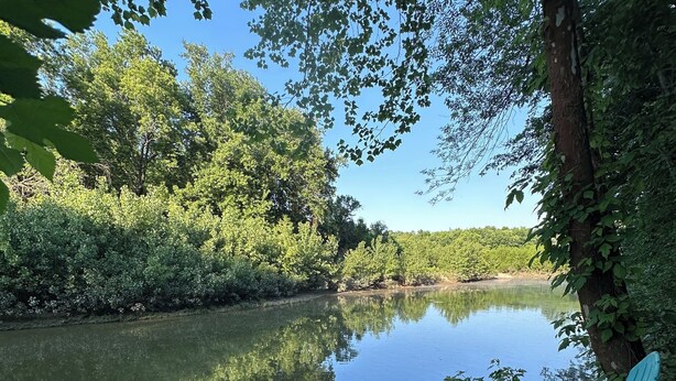 Eine Holzterrasse mit zwei blauen Stühlen, die auf einen ruhigen Fluss mit üppiger Vegetation blickt.
