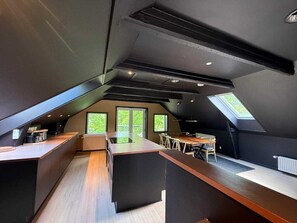 A modern loft-style kitchen with a central island, built-in appliances, and large windows. - Four Seasons - Amber Spring Suite (Aalborg)