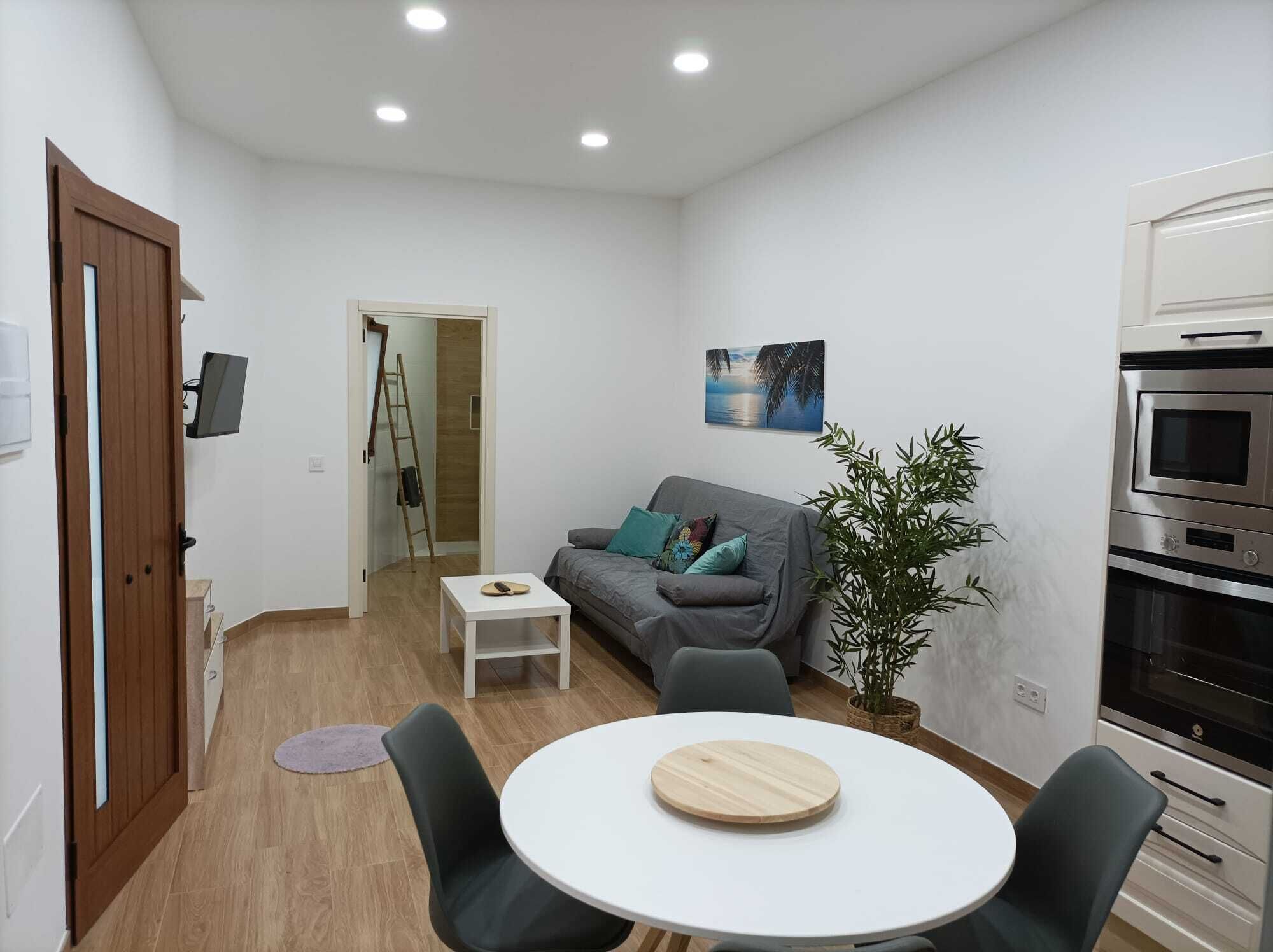 A compact living space with a sofa, a small table, a dining table, a potted plant, and a kitchen area with an oven.