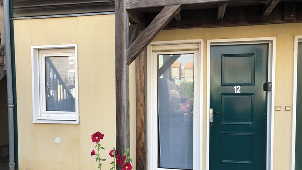 Un edificio con una puerta verde numerada con el 12, una ventana y una planta pequeña con flores rojas.
