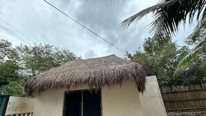 A small building with a thatched roof and a sliding glass door. - HEADLINE CAMPER 1 (Bacalar)