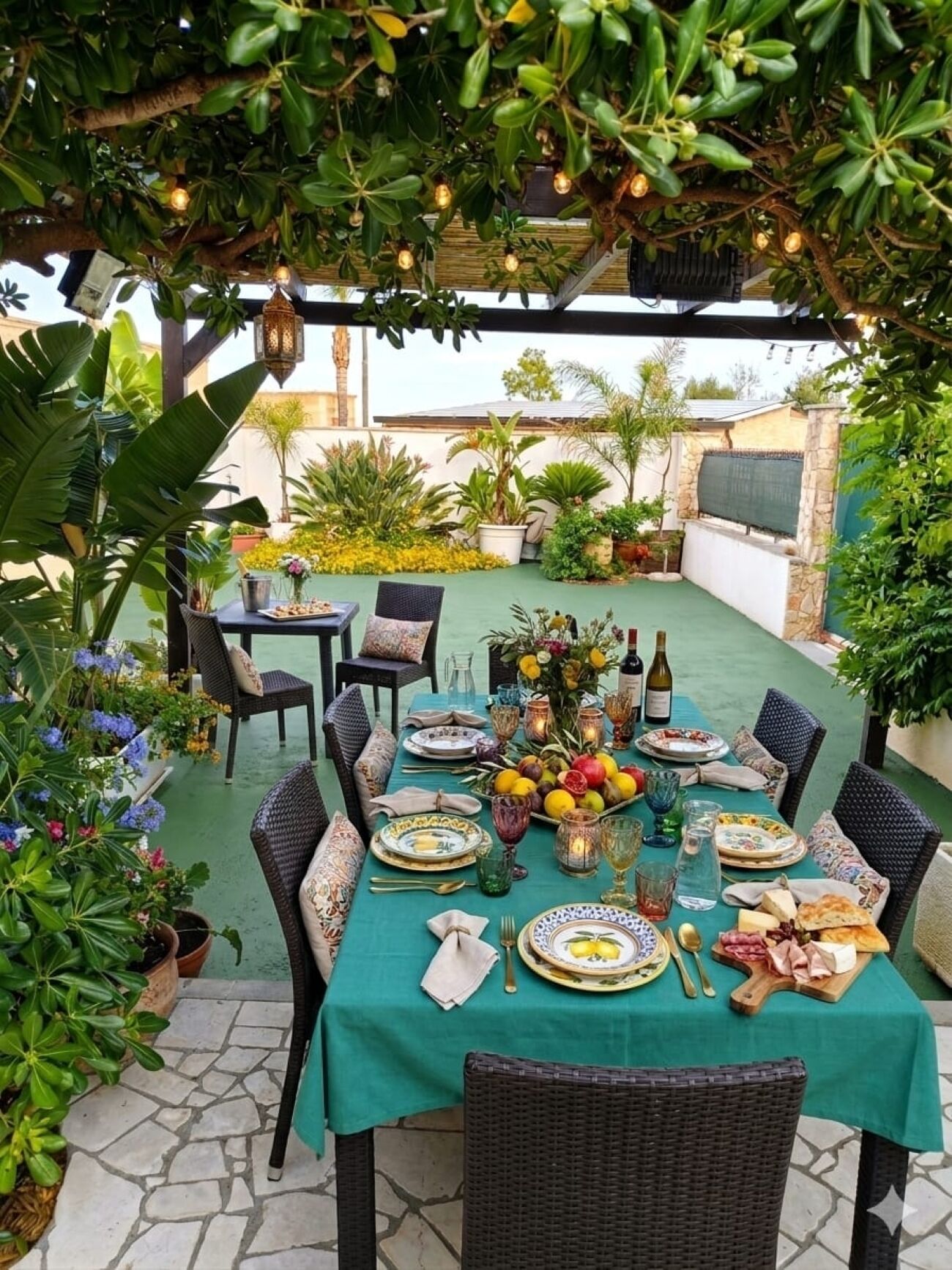 An outdoor dining area with a table set for six, surrounded by wicker chairs, under a pergola with string lights.