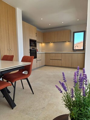 Eine moderne Küche mit Holzausstattung, einem eingebauten Ofen und einem Fenster über der Spüle.