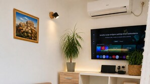 Ein Wohnzimmer mit einer Couch, einem kleinen runden Tisch mit Kerze, einem Fernseher, einem Bücherregal und einer Zimmerpflanze.