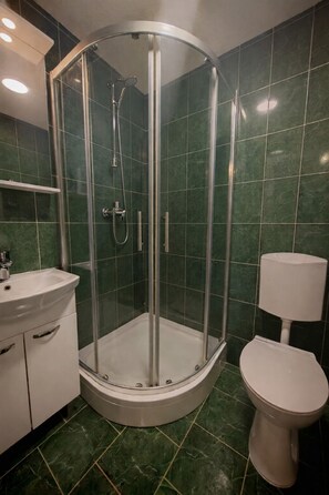 Kylpyhuone, jossa on lasiseinällä varustettu suihku, pesuallas ja wc.