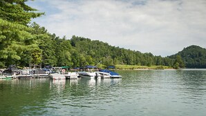 Un muelle a orillas del lago con barcos, rodeado de un bosque denso y colinas.