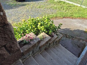 Eine Steintreppe führt zu einer Rasenfläche mit Hecke und Blumen.