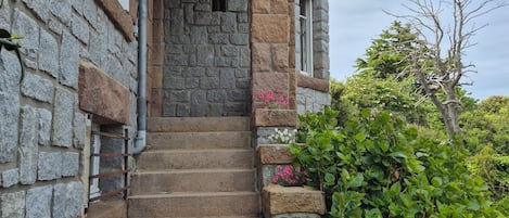 A stone staircase leading to a door with a small window, surrounded by greenery.