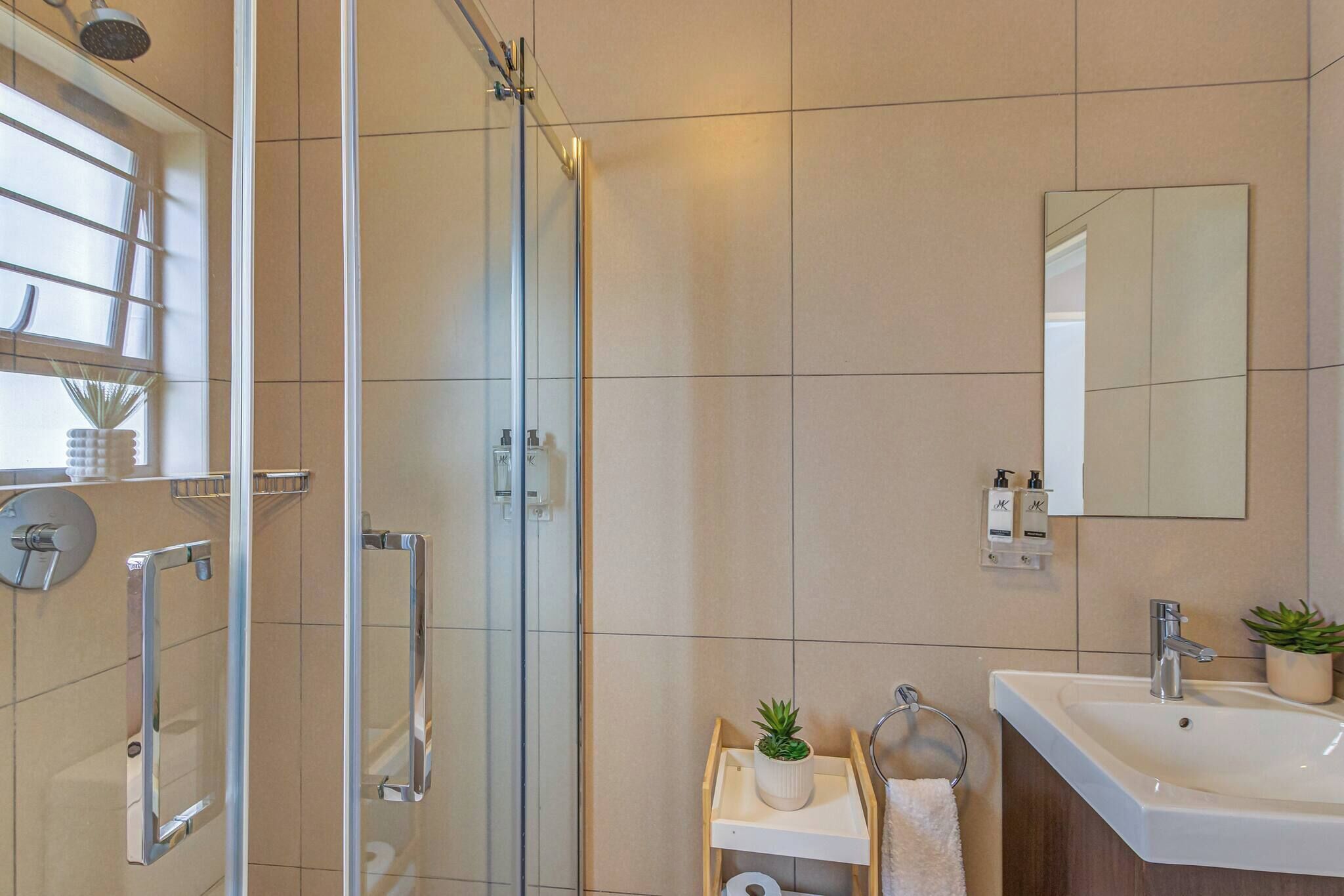 Une salle de bain moderne avec une douche à parois de verre, un lavabo, un miroir et une petite étagère sur laquelle est posée une plante.