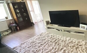 Ein Wohnzimmer mit Fernseher auf einem weißen Schrank, einem flauschigen Teppich, einer Holztür und einer Heizung.