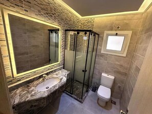 A bathroom with a glass-enclosed shower, a marble sink, and a toilet.