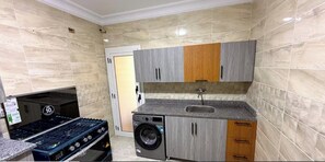 A compact kitchen with a gas stove, washing machine, and a sink.