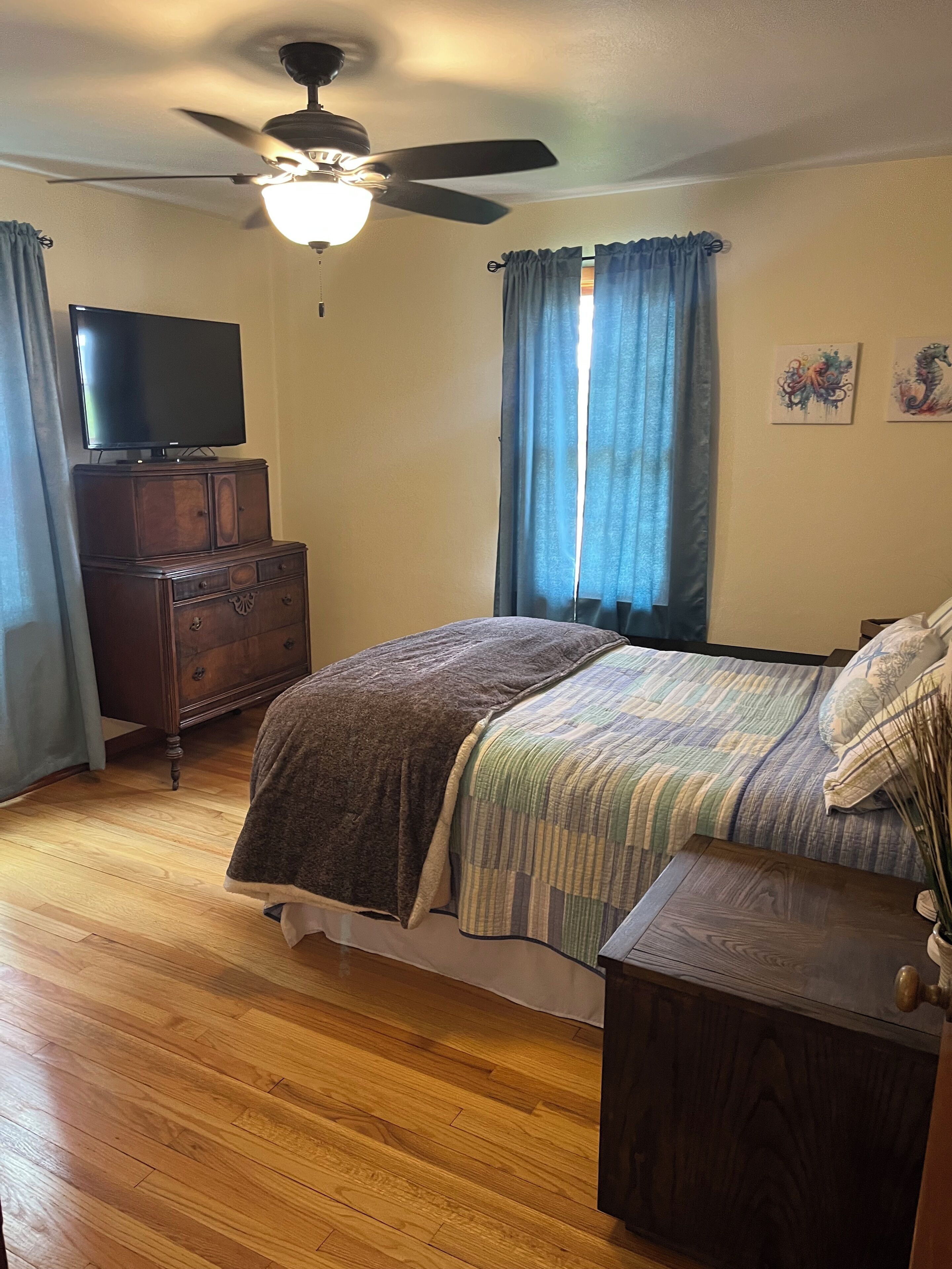 Un dormitorio con cama, cómoda, televisor, ventilador de techo y cortinas.