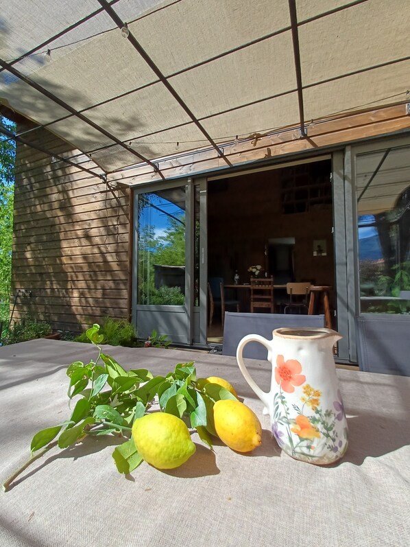 A table with lemons and a floral pitcher, a wooden wall, and a sliding glass door leading to an interior space.