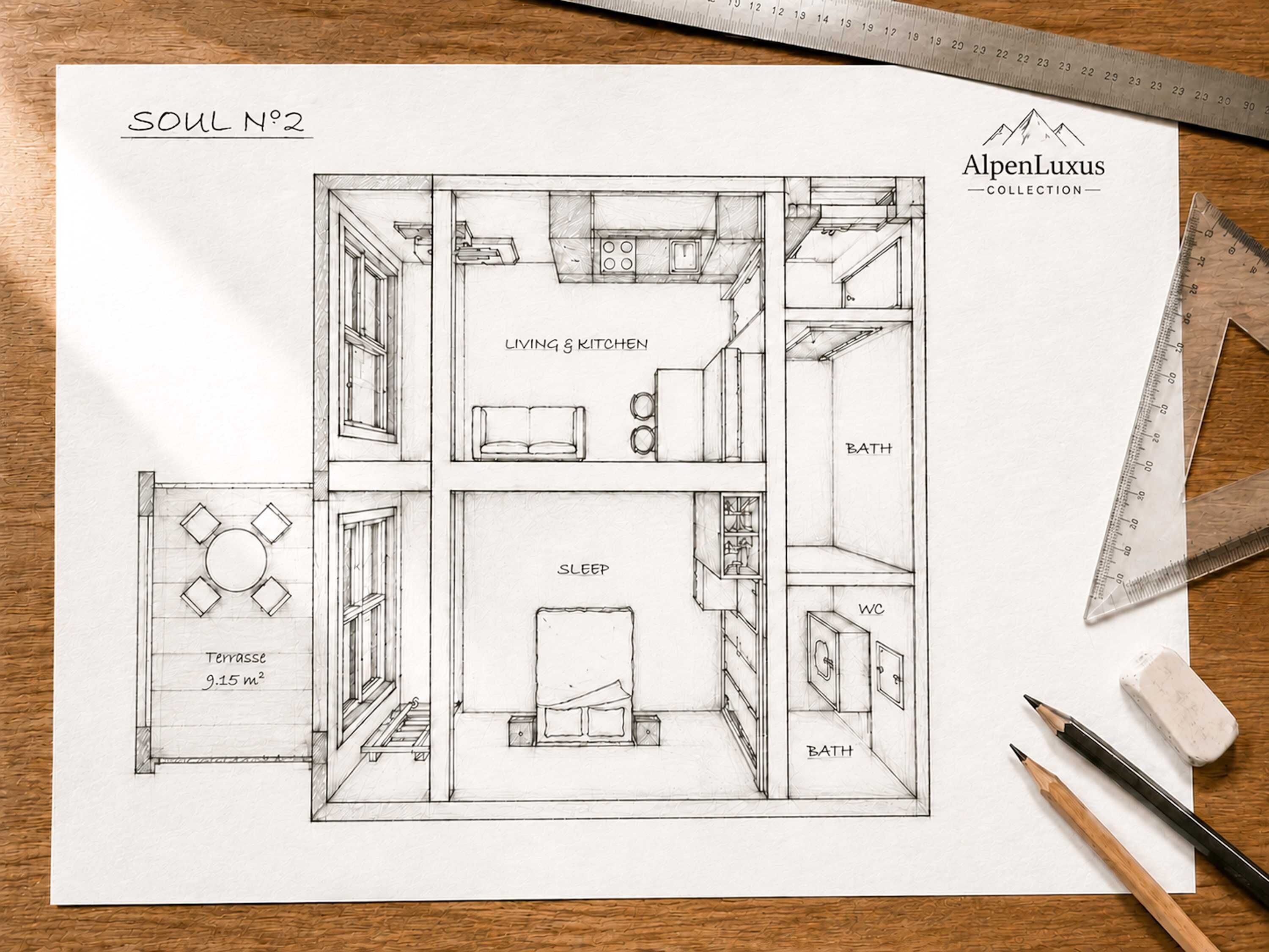 Plano de planta que muestra una sala de estar, cocina y zona de descanso con terraza.