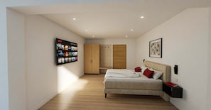 A modern bedroom with a bed, a wardrobe, a TV, and a wall-mounted shelf. - BASE Achensee Soul No2 – Private sauna (Achenkirch)