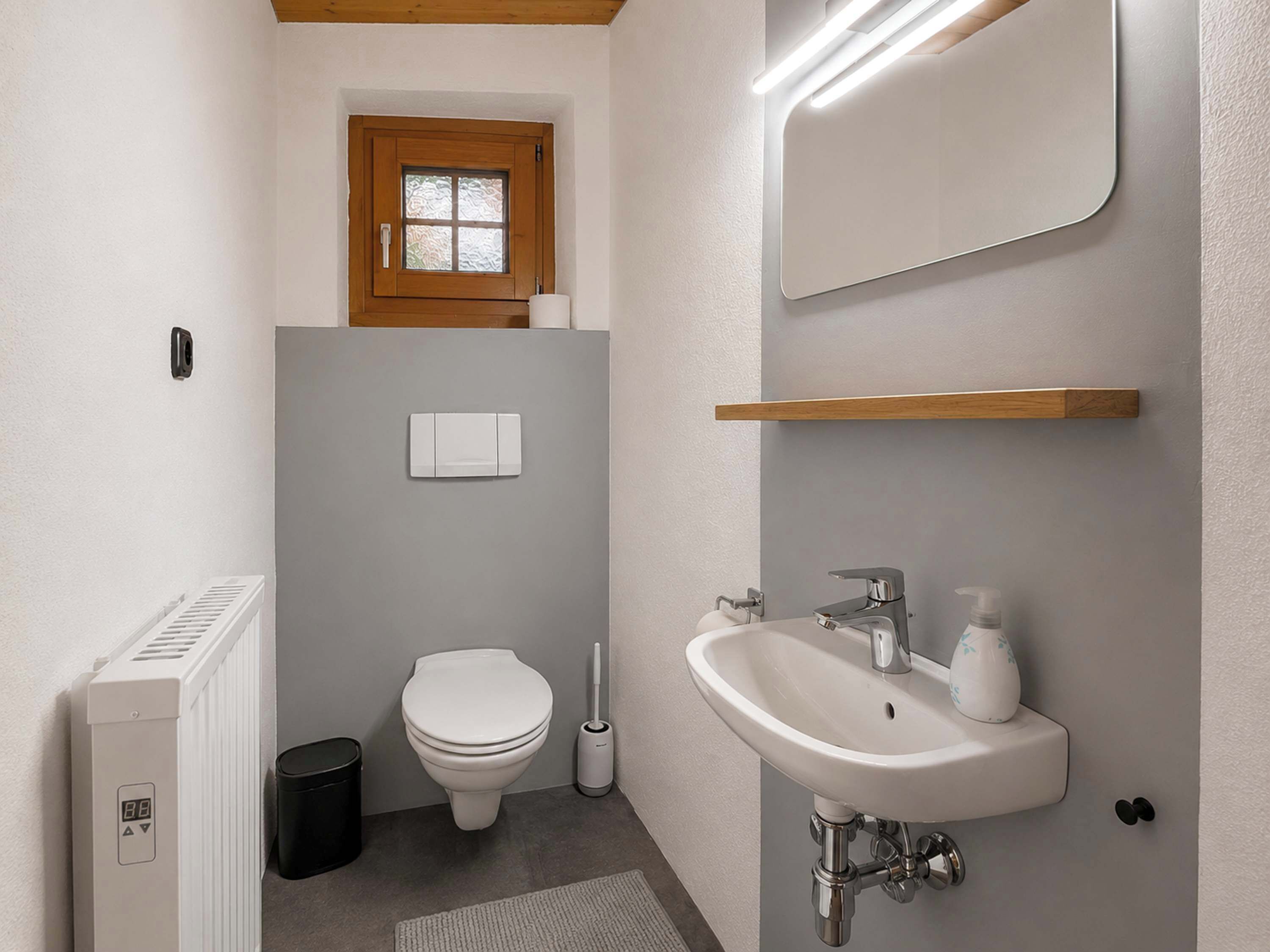 A modern bathroom with a toilet, sink, mirror, and radiator.
