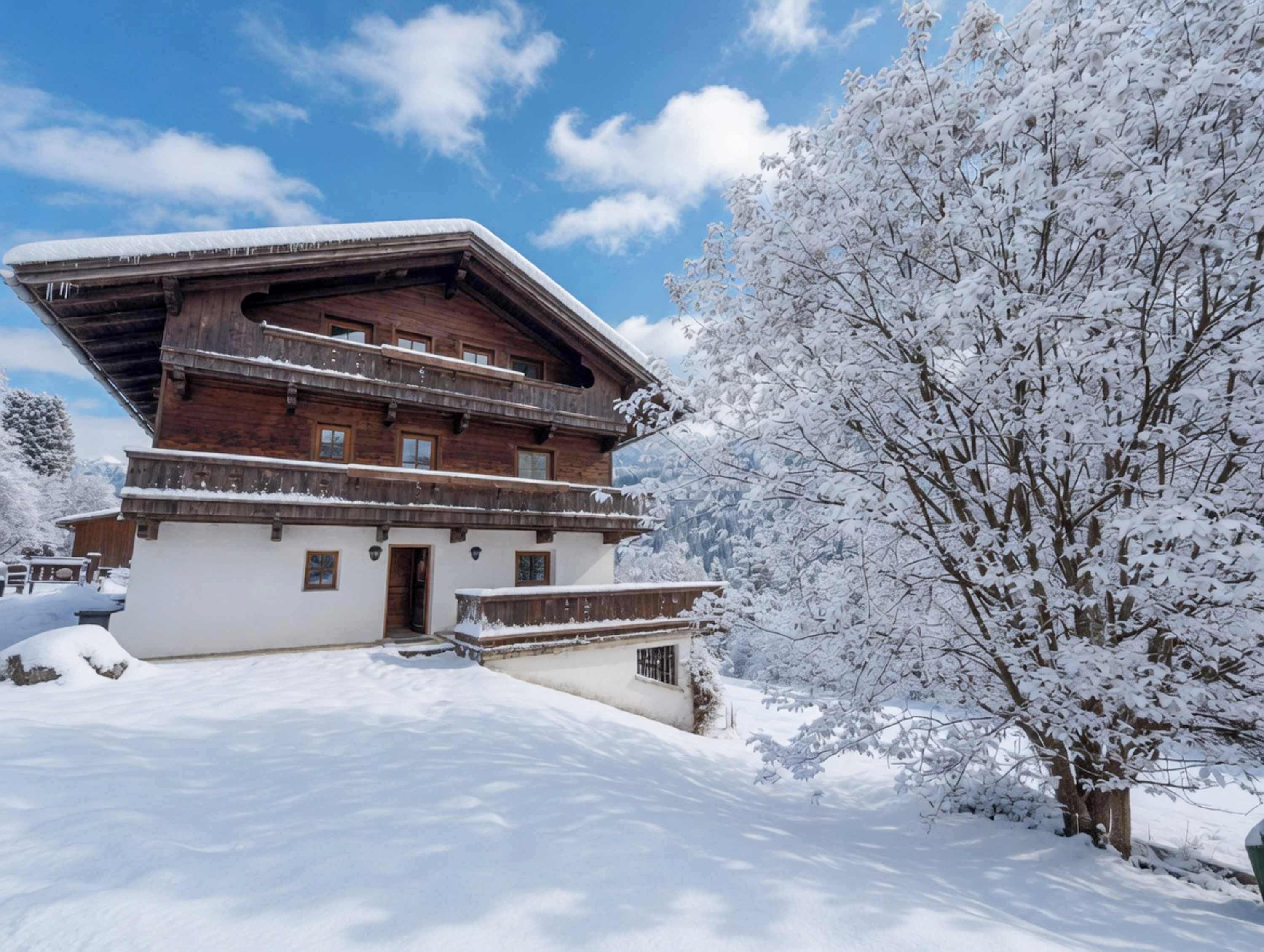 Una cabaña de madera con techo inclinado, varios balcones y un paisaje cubierto de nieve.