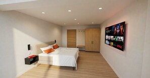 Ein modernes Schlafzimmer mit einem Bett, einem Fernseher und einem Wandbild.