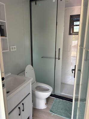 A bathroom with a toilet, a sink, a glass shower enclosure, and a door with a handle. - New: Enjoy a peaceful vacation in Corsica (Tavaco)