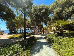 A paved pathway lined with lush greenery and trees, leading towards a body of water. - Arcos House by the Sea, 1 bedroom Apt Sleeps 4 (Paço de Arcos)