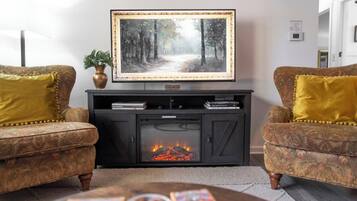 TV, lareira, livros