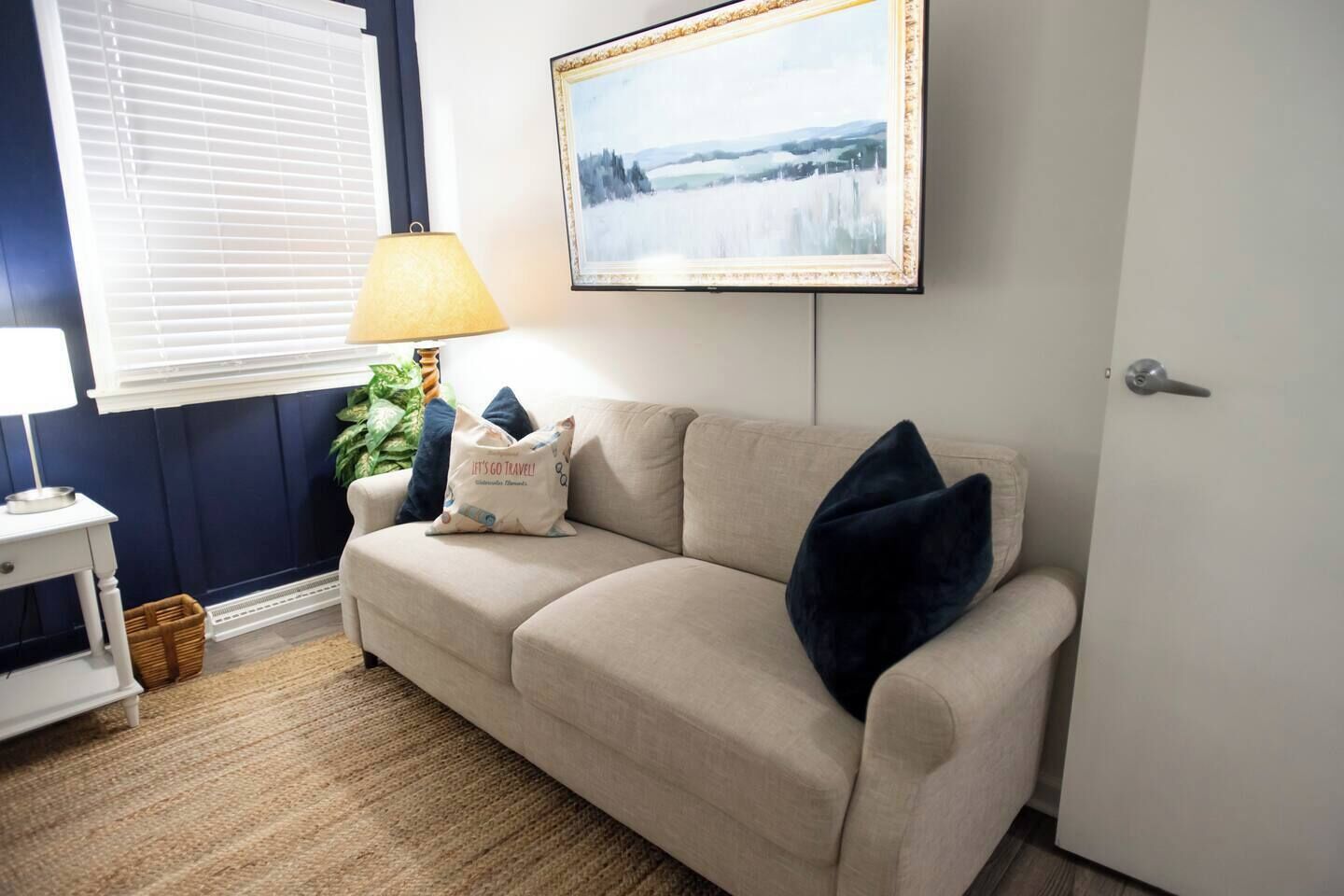 TV, fireplace, books