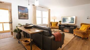 TV, fireplace, books