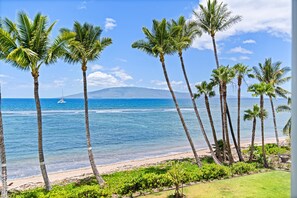 A beach with palm trees and a boat in the distance. - Direct Oceanfront Studio with Lanai & Sunset Views -Lahaina Shores 331 (Lahaina)