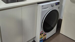 Een kleine wasruimte met een wasmachine, een wasbak en een decoratieve wand met vogelmotieven.