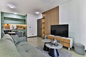 Living area - Cozy 1-bedroom apartment in peaceful Bar with AC,FREE PARKING,100m FROM THE SEA. (Bar)