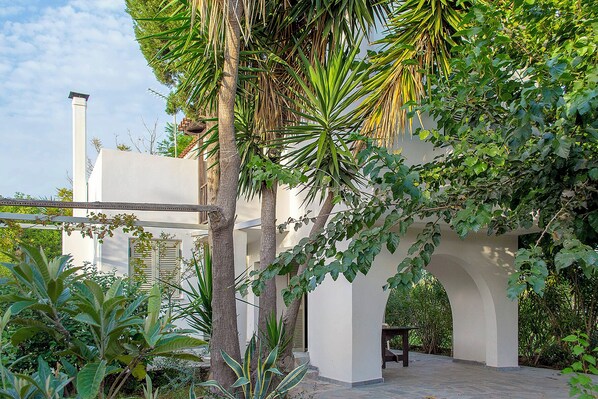 Un bâtiment blanc doté d’un patio couvert, entouré de diverses plantes et d’arbres.