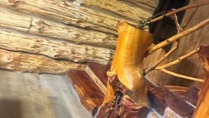 Ein rustikaler Innenraum mit Holzwänden, Holzboden und einem großen Holzeimer.