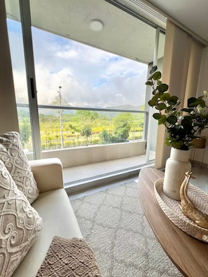 A modern living room with a large window, a sofa, a coffee table, and a potted plant.