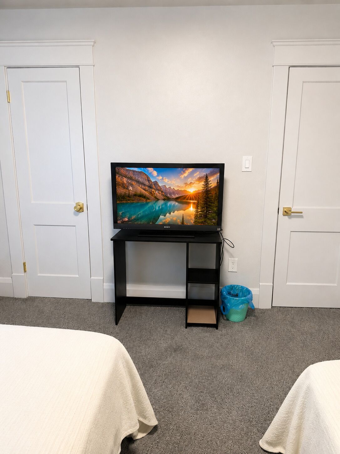A room with a television on a black stand, two white doors, and a blue trash bin.