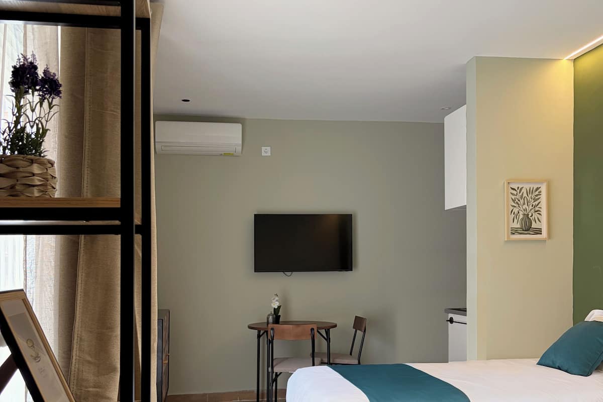 A hotel room with two beds, a TV, a small table with a chair, and a shelf with a plant.
