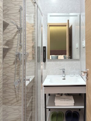 A modern bathroom with a glass shower enclosure, a white sink, and a mirror above it.