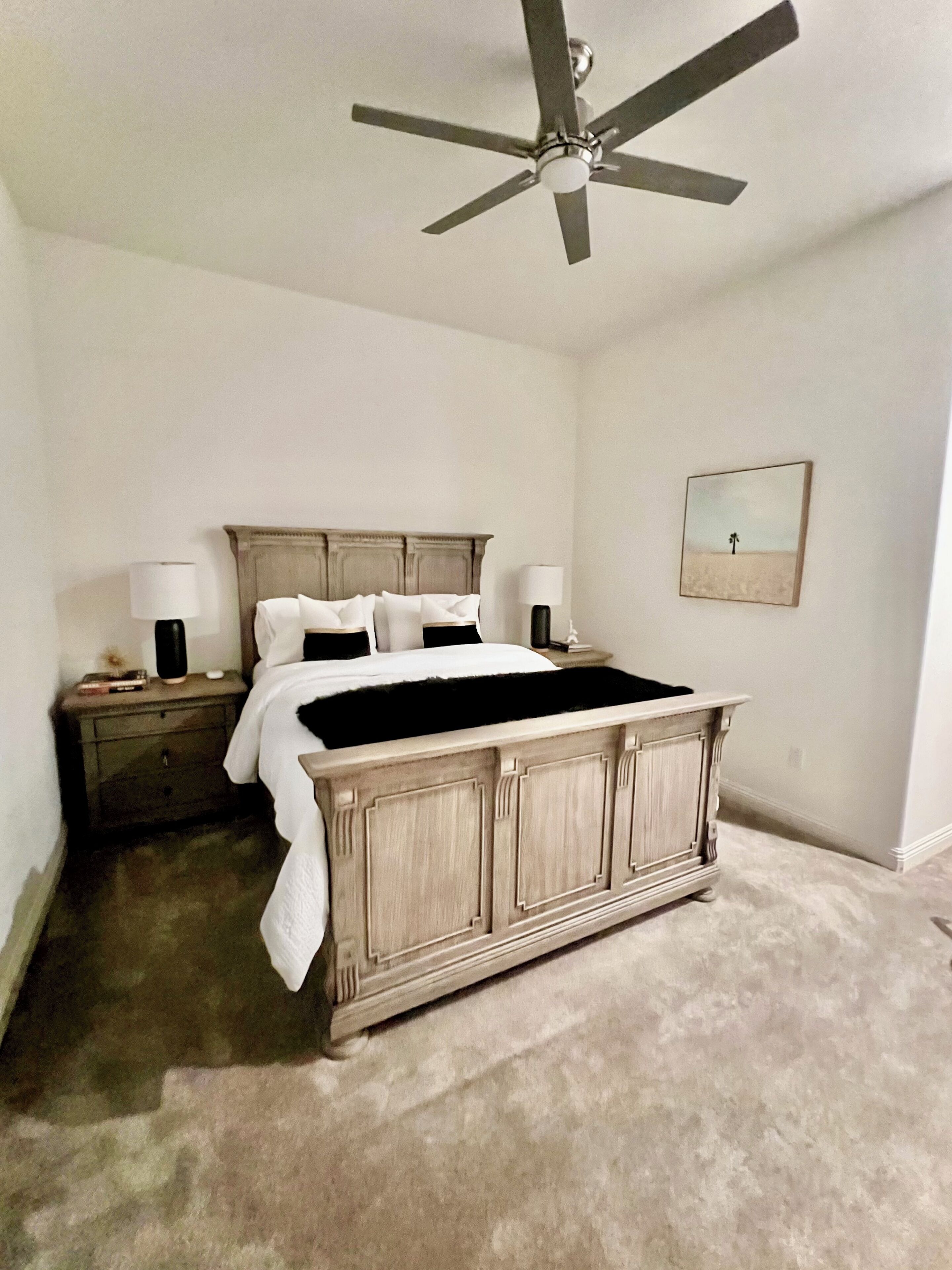 A bedroom with a bed, nightstands, a ceiling fan, a wall-mounted picture, and a carpeted floor.