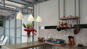 Une cuisine moderne avec des luminaires suspendus, une cuisinière à gaz et un plan de travail agrémenté de plantes en pot et d’ustensiles de cuisine.