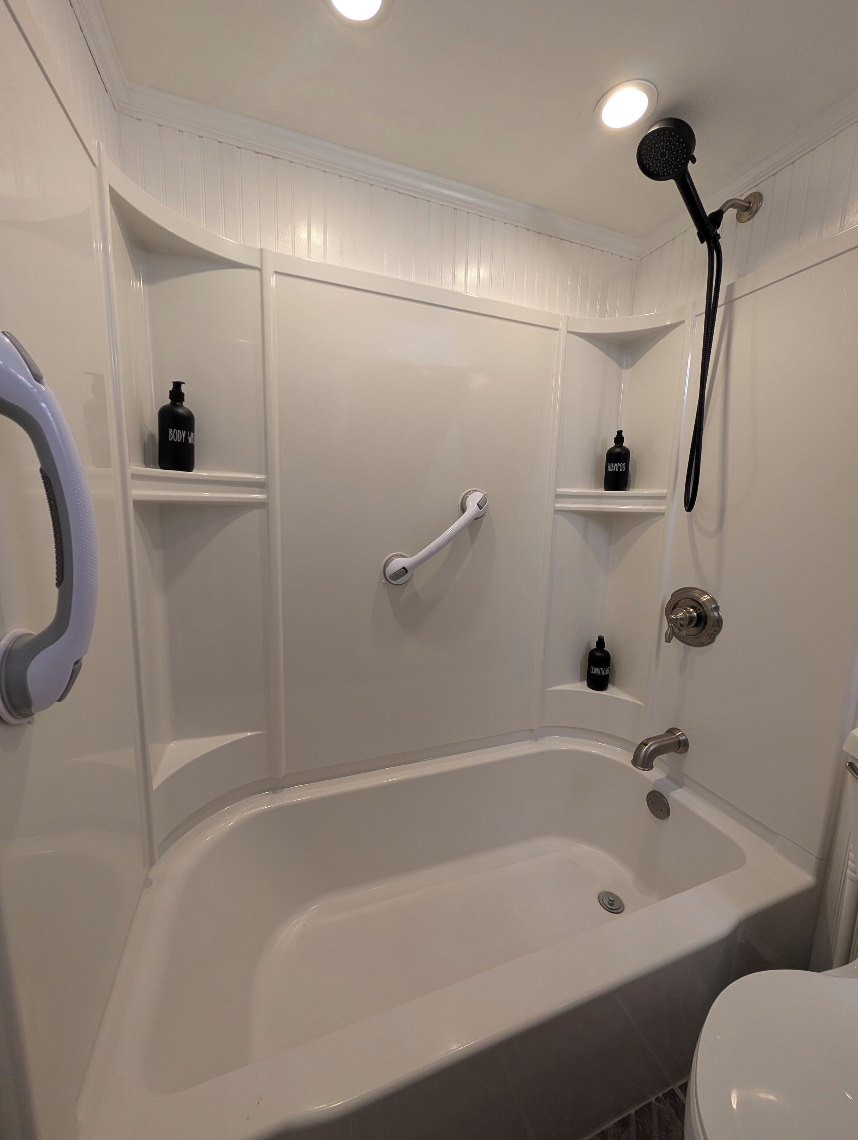 Hair dryer, towels, soap, toilet paper