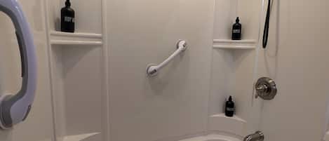 Hair dryer, towels, soap, toilet paper