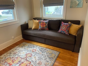 Ein dunkelbraunes Sofa mit gemusterten Kissen, ein Teppich mit Muster und ein Fenster mit Blick nach draußen.