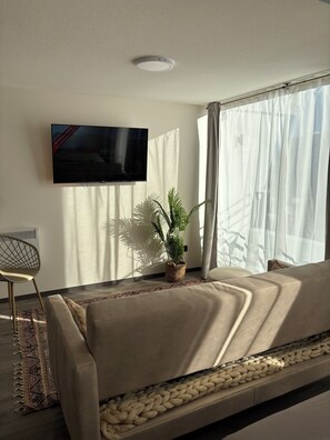 Un salon moderne avec un canapé, un téléviseur à écran plat fixé au mur, une plante en pot et une fenêtre ornée de rideaux légers.