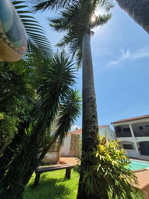 Une cour avec une piscine, des palmiers et un bâtiment doté d’un toit en tuiles.